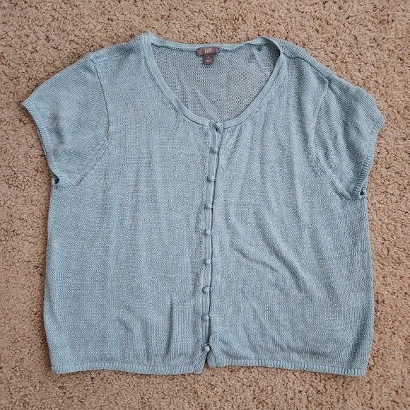 J. Jill Light Blue 100% Linen Knit Short Sleeve Cardigan Size XL Petite - Picture 1 of 8